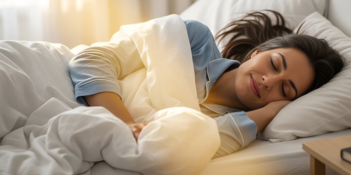 Young woman with dark hair wearing blue pajamas sleeping in bed with white sheets and pillows.